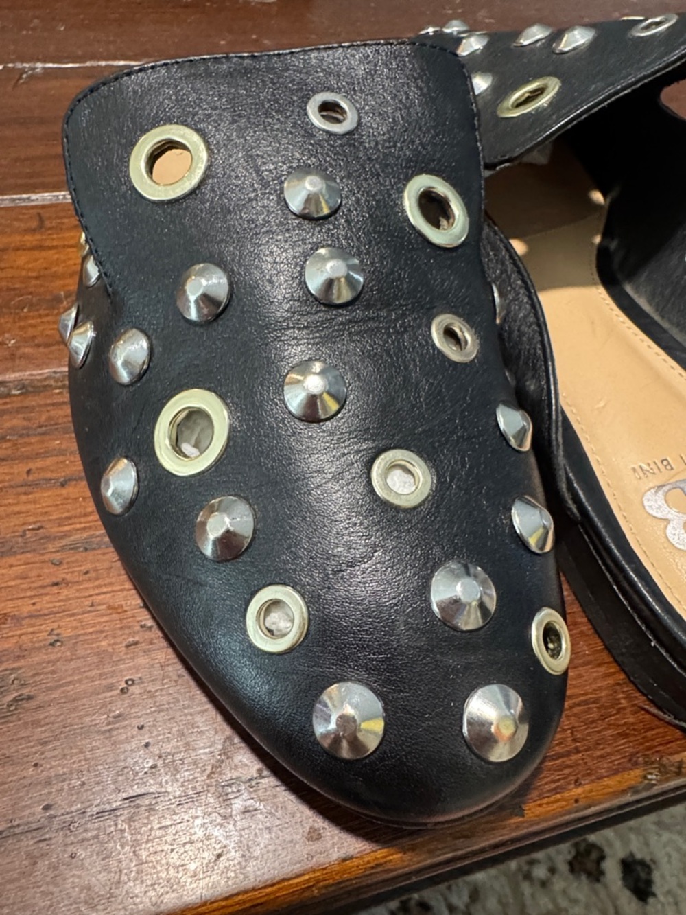 Gianni Bini Black Leather Stud & Grommet Mules - Picture 2 of 3